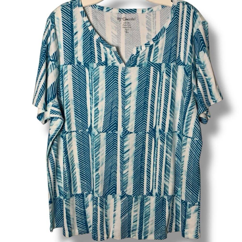 Chicos Top NWT Women's 4 (2X) Colorful Blocked Herringbone Tidal Teal Notch Neck